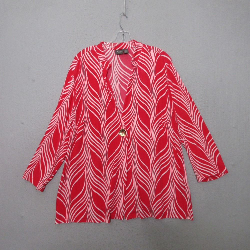 Chicos Travelers Cardigan‎ Topper XXL 4 Red White Lagenlook Slinky Comfort Artsy